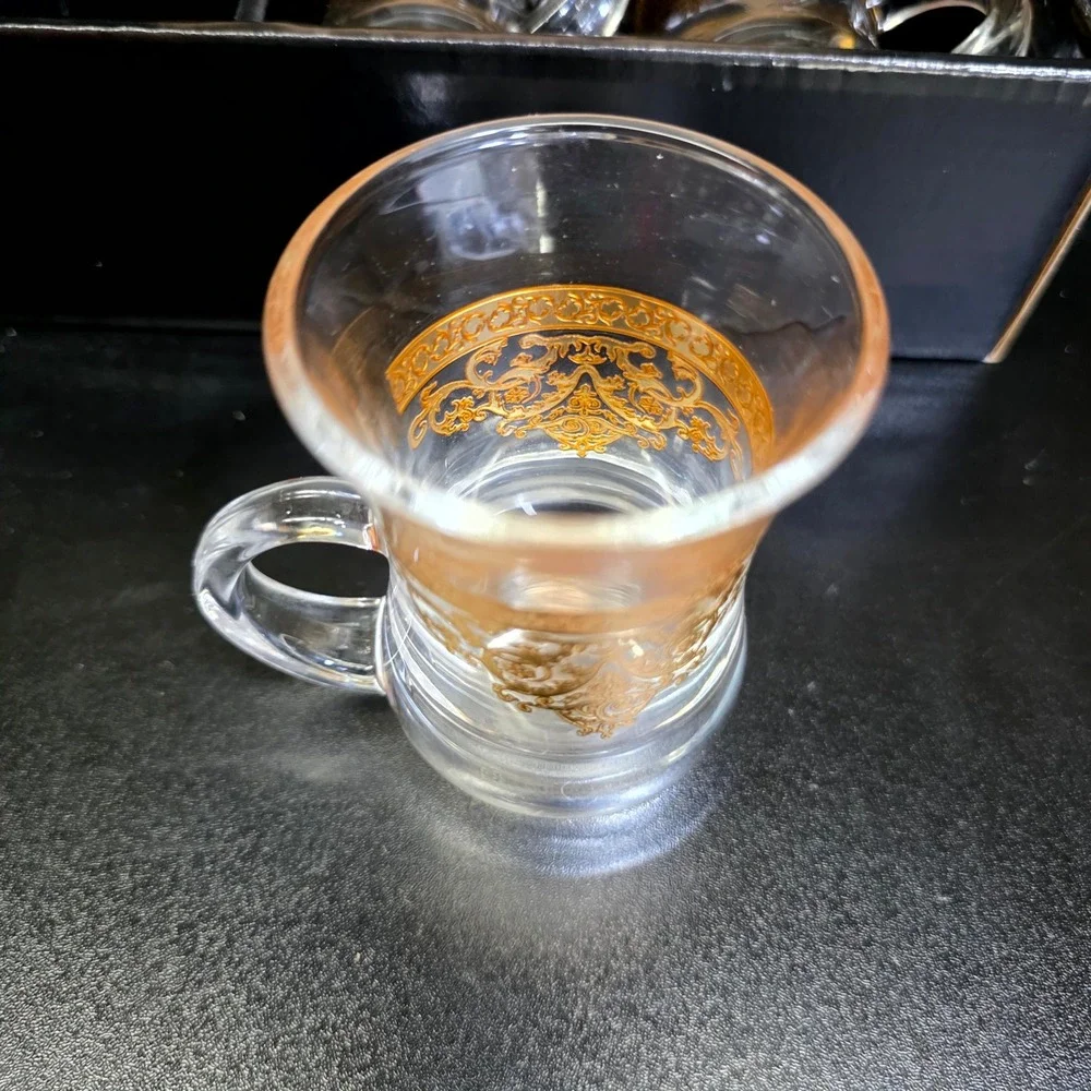 Art Glass Teacups Set of 6 Clear Gold Filigree Turkish Style Small Mugs Gift Box